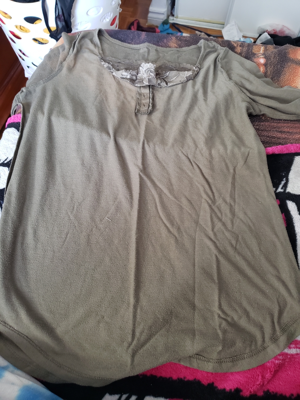 Olive Green Short Sleeve Women's Tee with Lace Accent